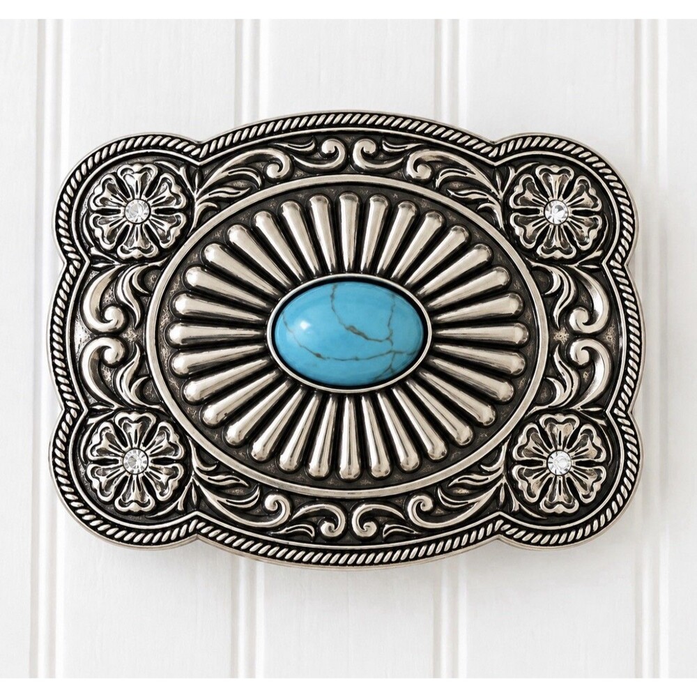 Nacona Women's Western Belt Buckle Silver Tone Turquoise Floral Rhinestone